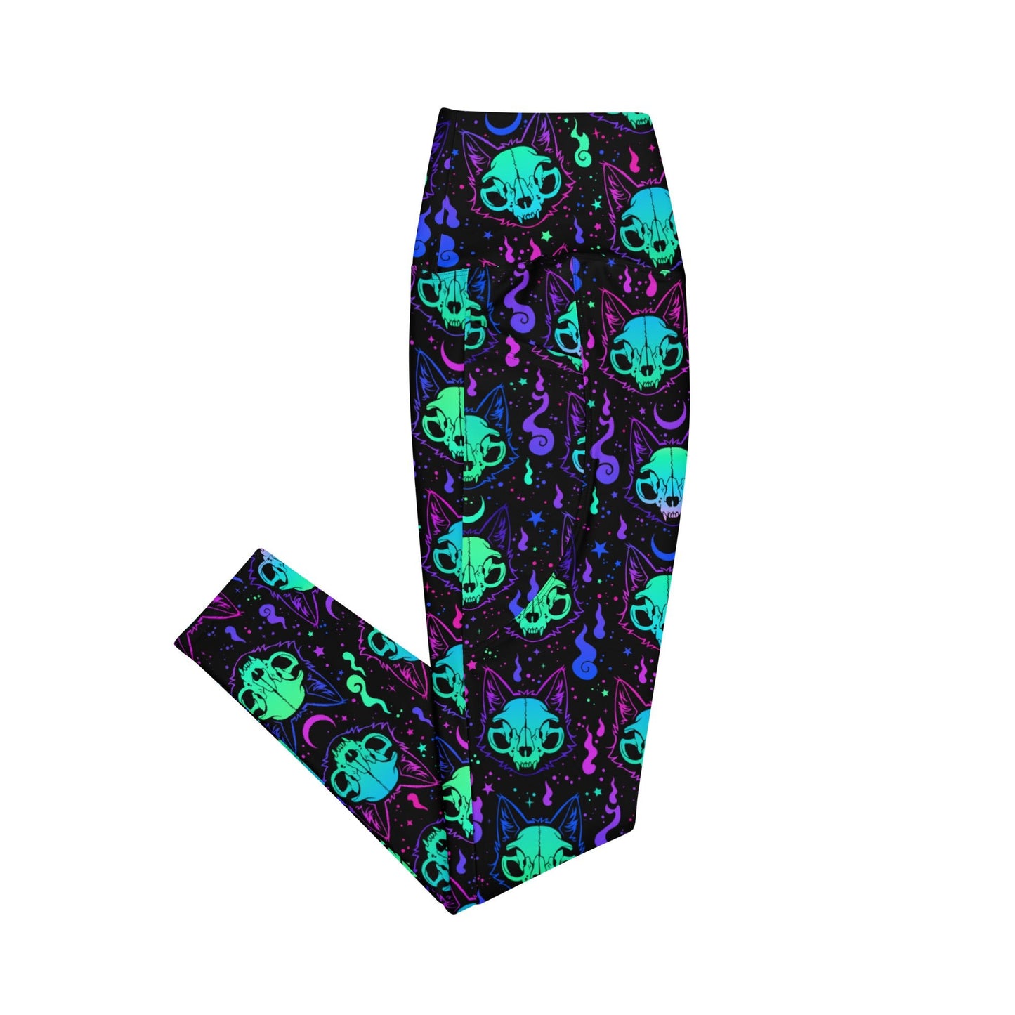 Cat Skull High - Waisted Workout Leggings with Pockets - Graphic Punks