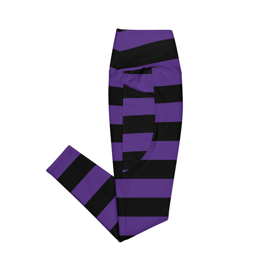 Purple & Black Stripes High - Waisted Workout Leggings with Pockets - Graphic Punks