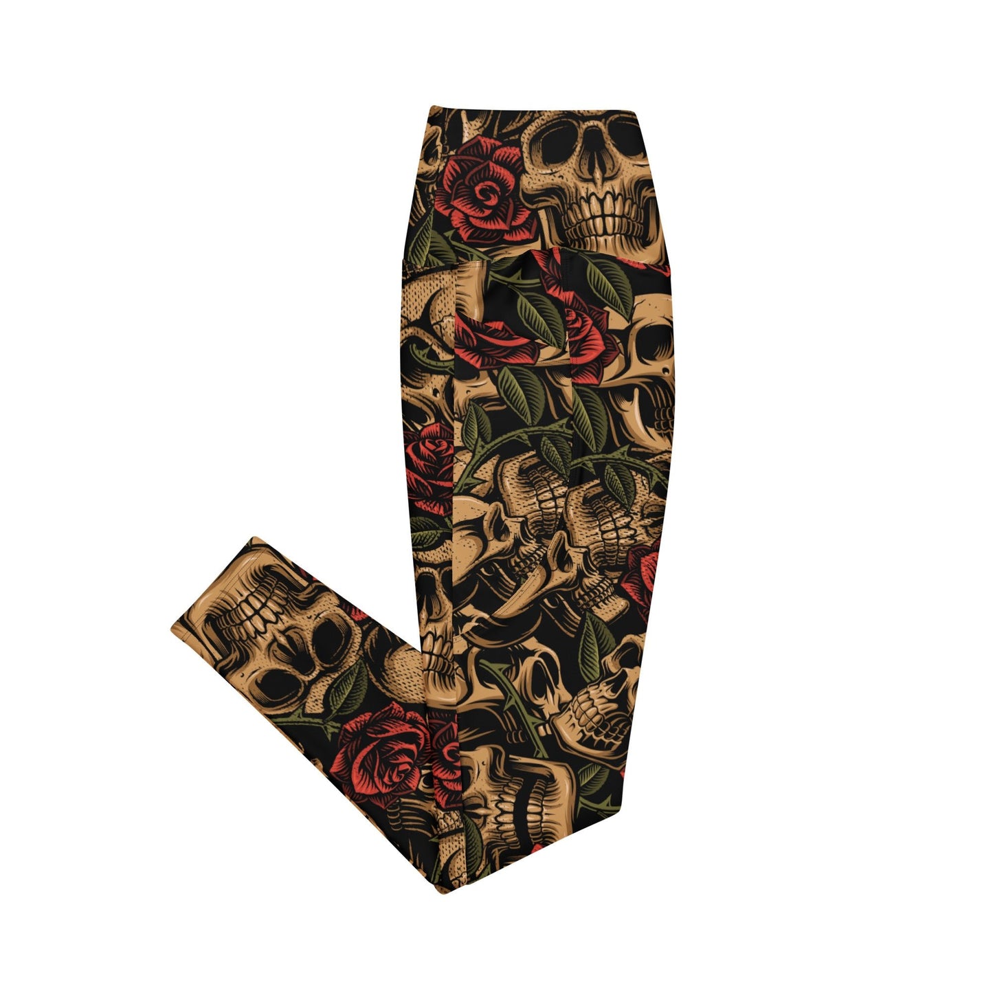 Skulls with Roses High - Waisted Workout Leggings with Pockets - Graphic Punks