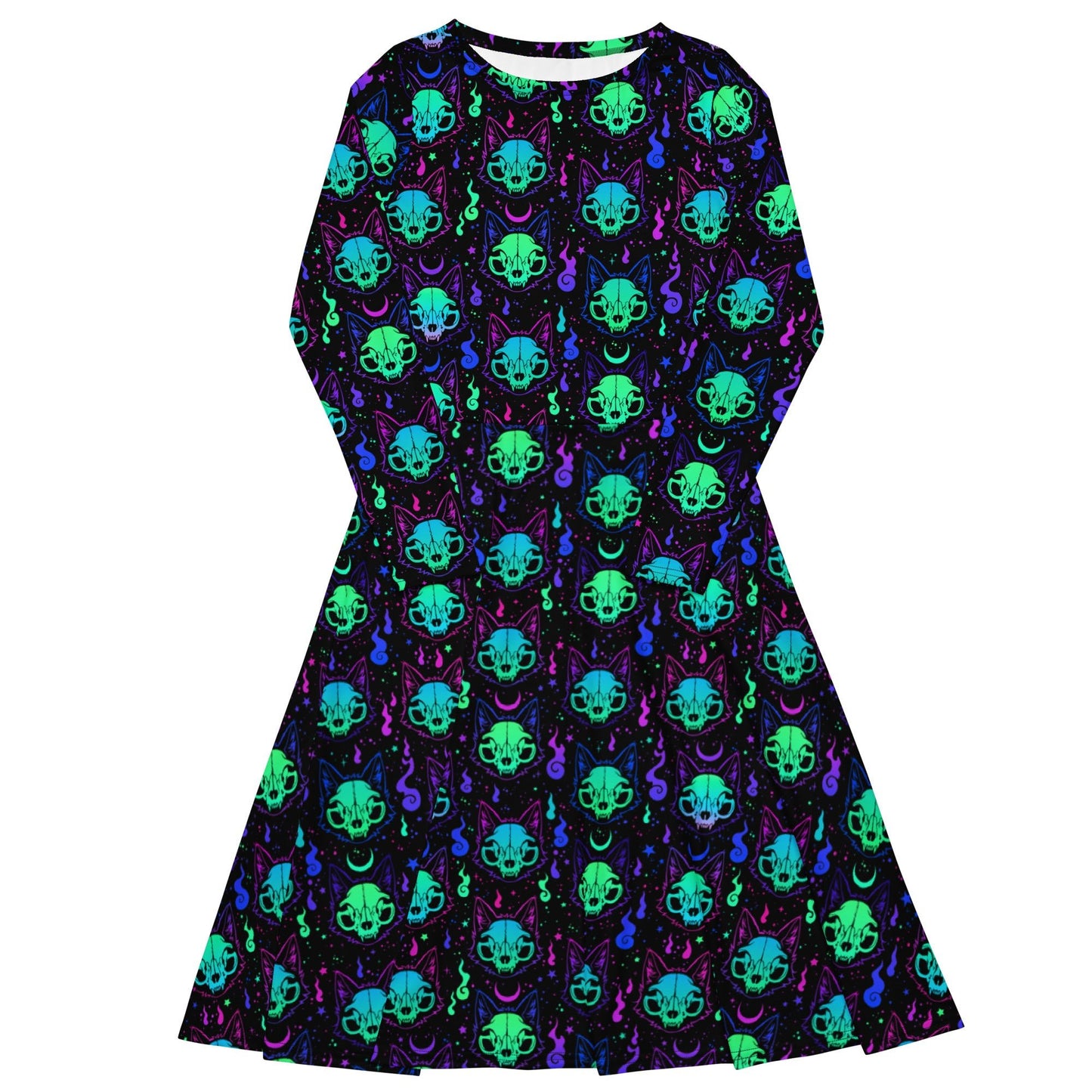 Cat Skull Long Sleeve Midi Dress - Graphic Punks