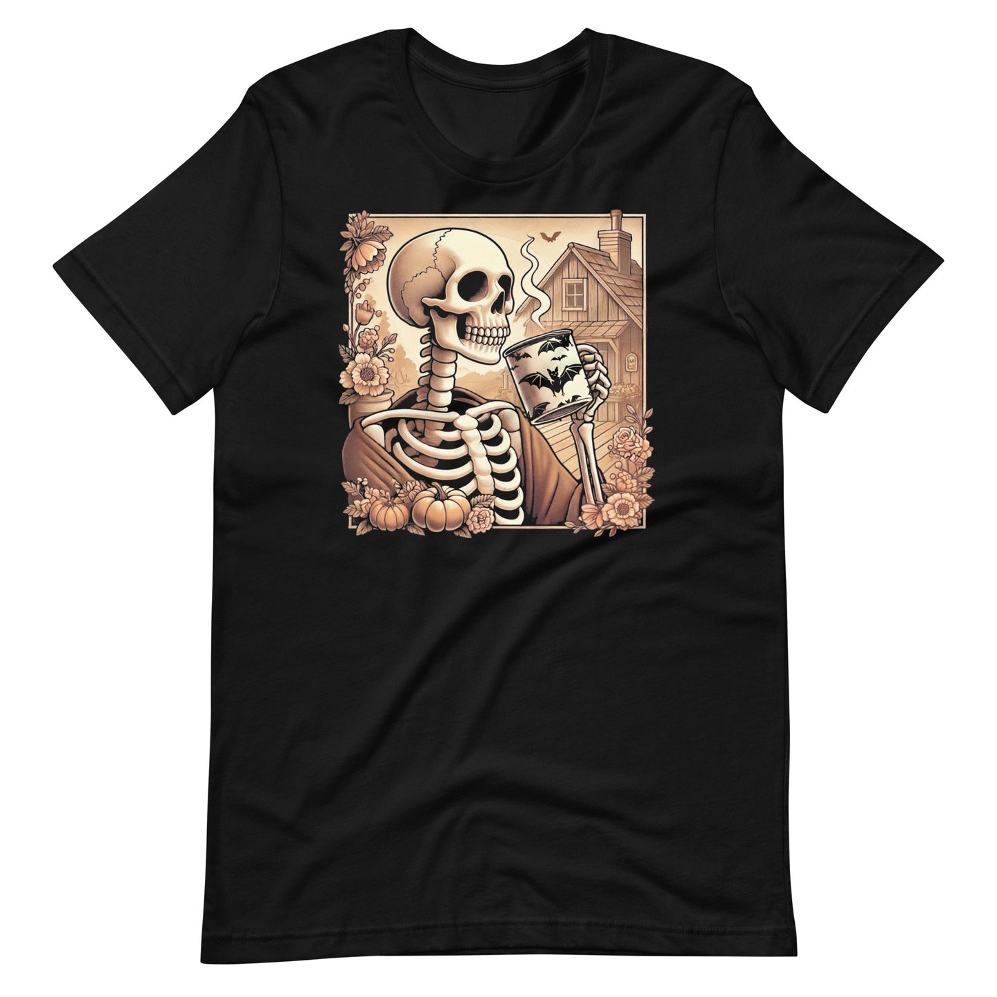 Cozy Skeleton Sipping Coffee Black Unisex t - shirt - Graphic Punks