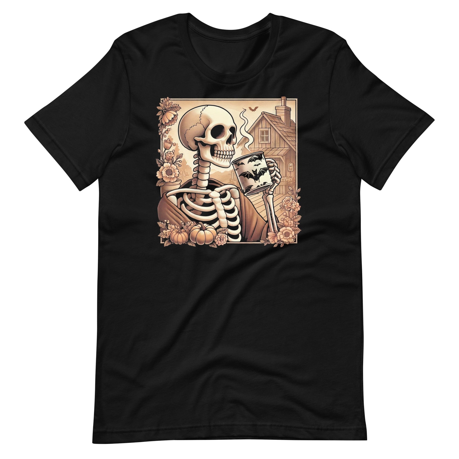 Cozy Skeleton Sipping Coffee Black Unisex t - shirt - Graphic Punks