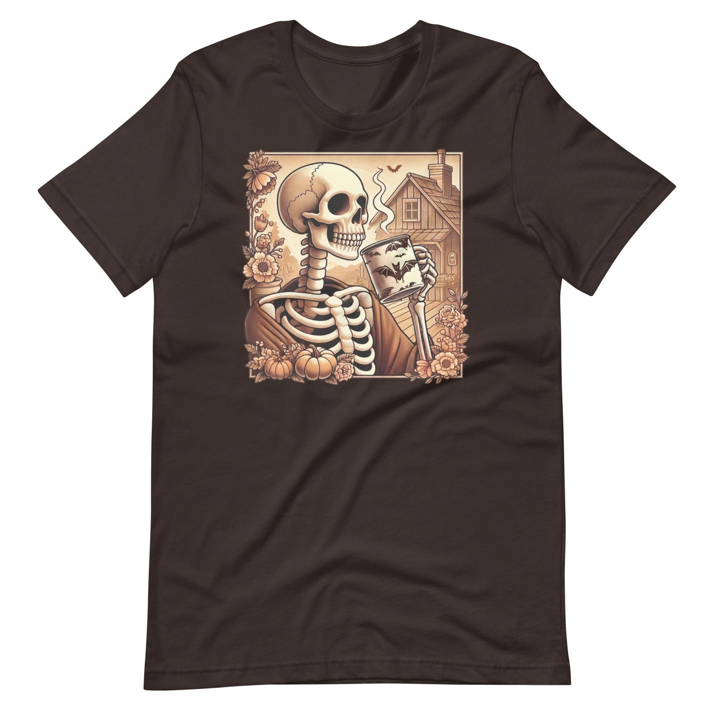 Cozy Skeleton Sipping Coffee Brown Unisex t - shirt - Graphic Punks