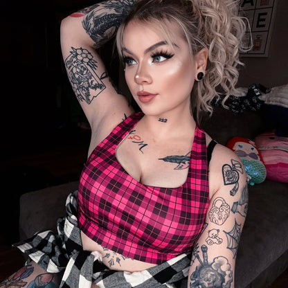 Emo Pink Plaid Longline Sports Bra - Graphic Punks