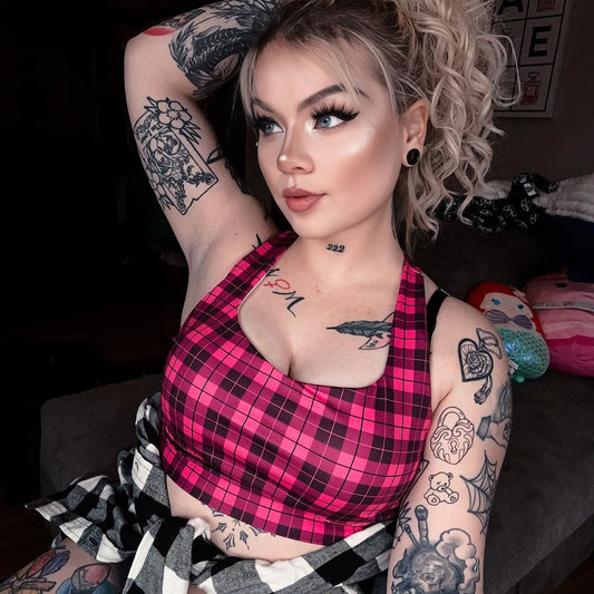 Emo Pink Plaid Longline Sports Bra - Graphic Punks