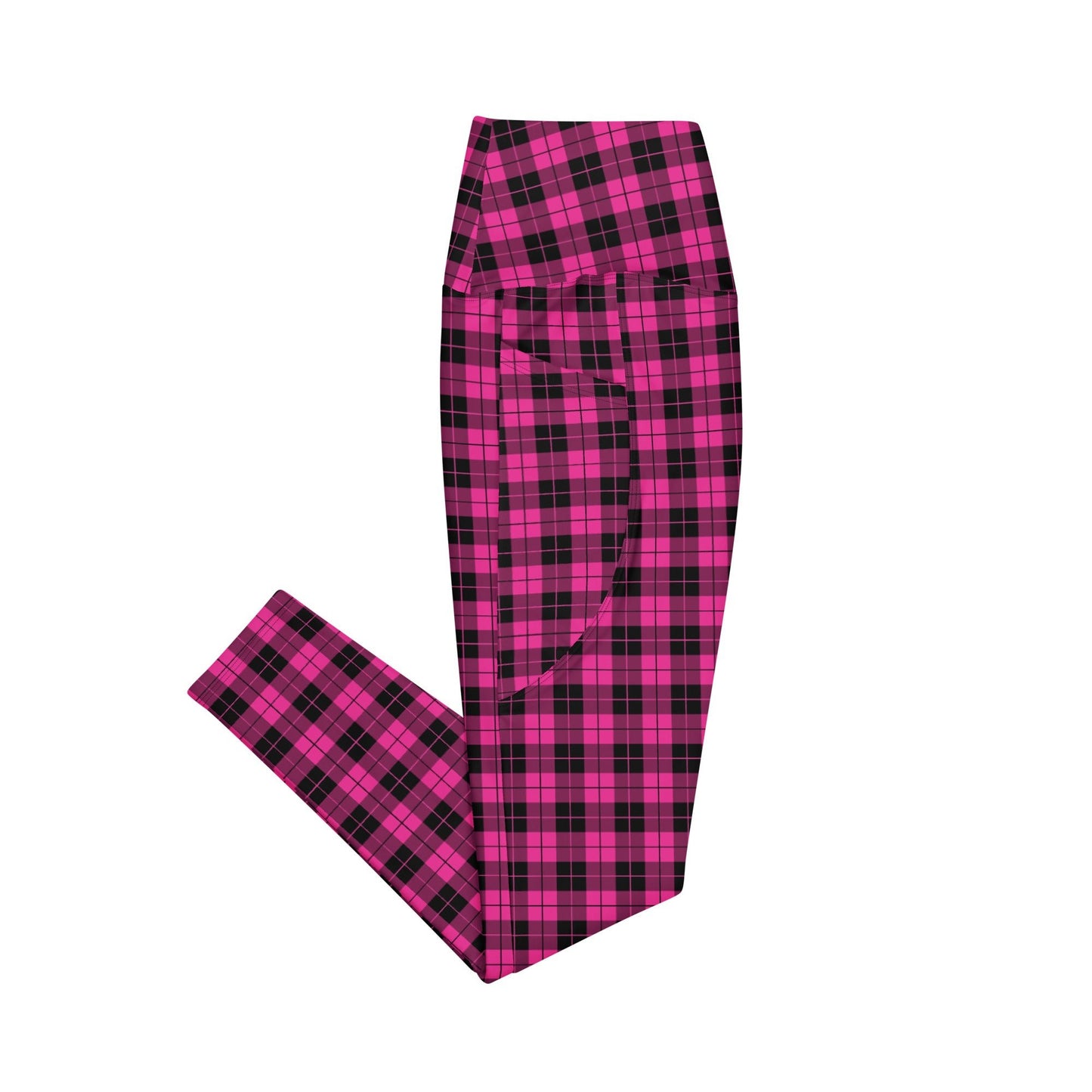 Emo Pink Plaid Skull High - Waisted Workout Leggings with Pockets - Graphic Punks
