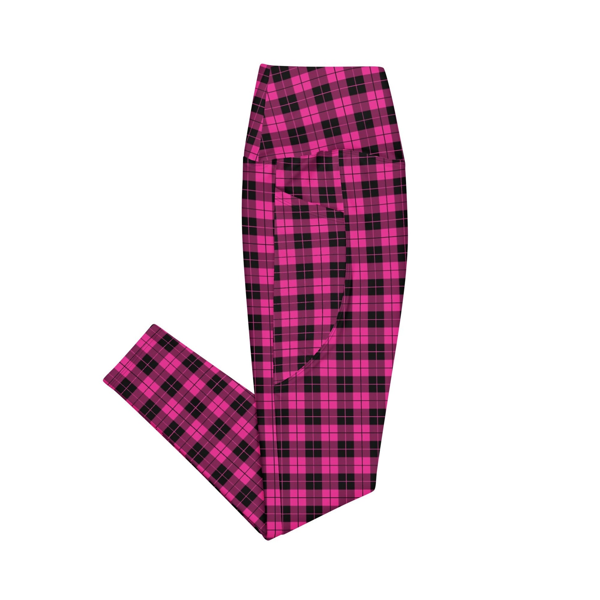 Emo Pink Plaid Skull High - Waisted Workout Leggings with Pockets - Graphic Punks