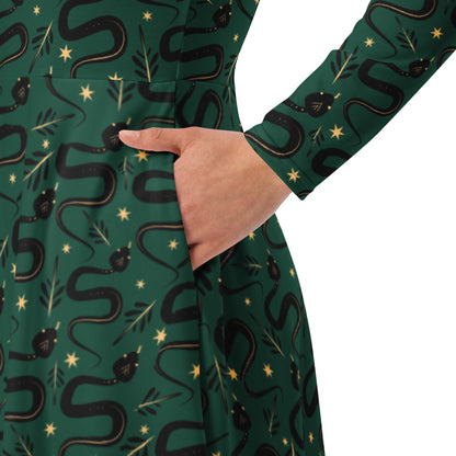 Snakes Green Long Sleeve Midi Dress - Graphic Punks