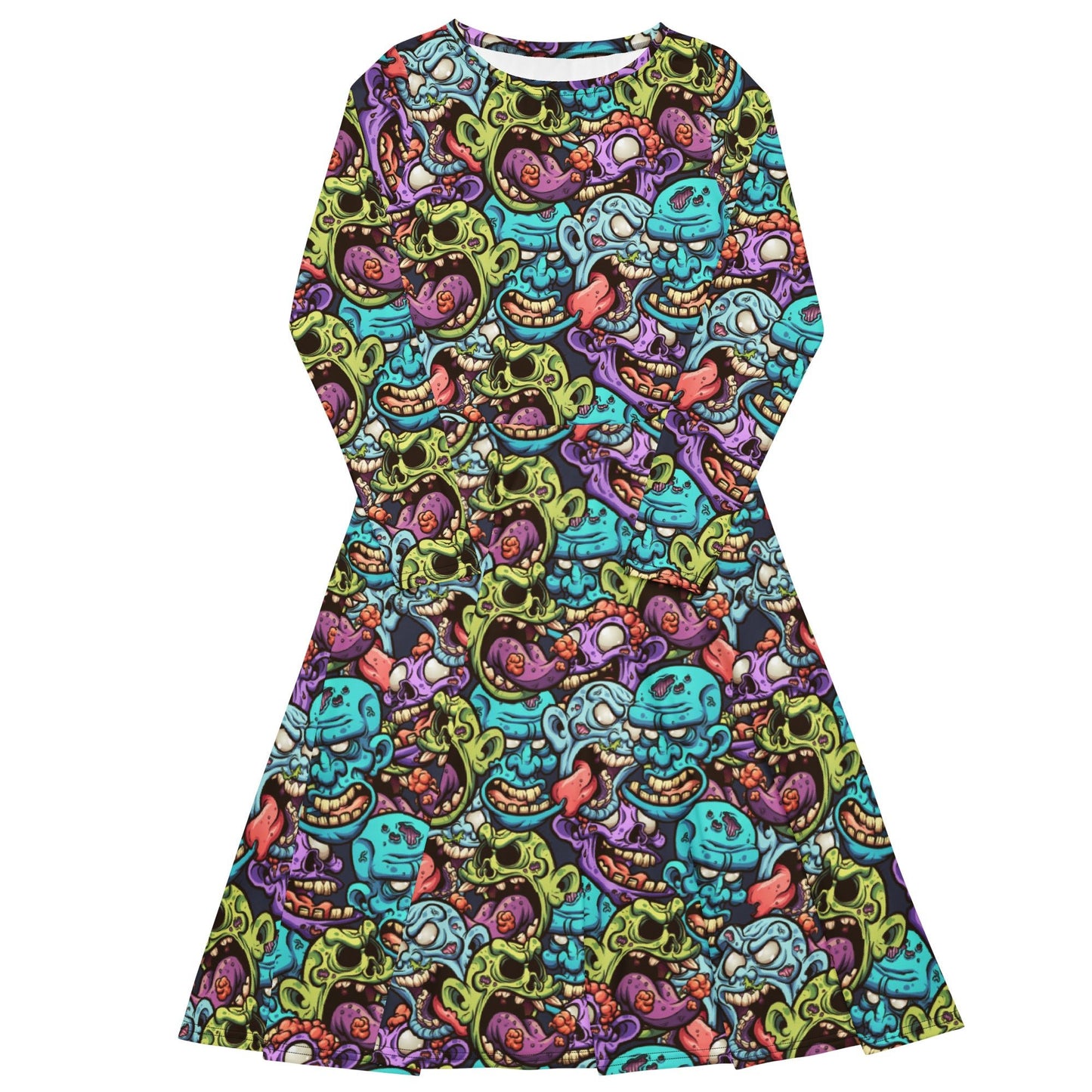 Zombie Heads Long Sleeve Midi Dress - Graphic Punks