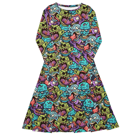Zombie Heads Long Sleeve Midi Dress - Graphic Punks
